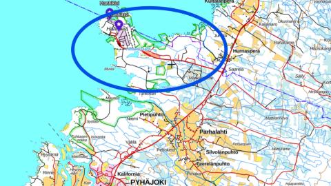 Karttakuva Hanhikiven alueesta. Taustakartta: Maanmittauslaitos.