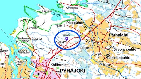 Karttakuva Ollinmäen yrityspuiston sijainnista. Taustakartta: Maanmittauslaitos.