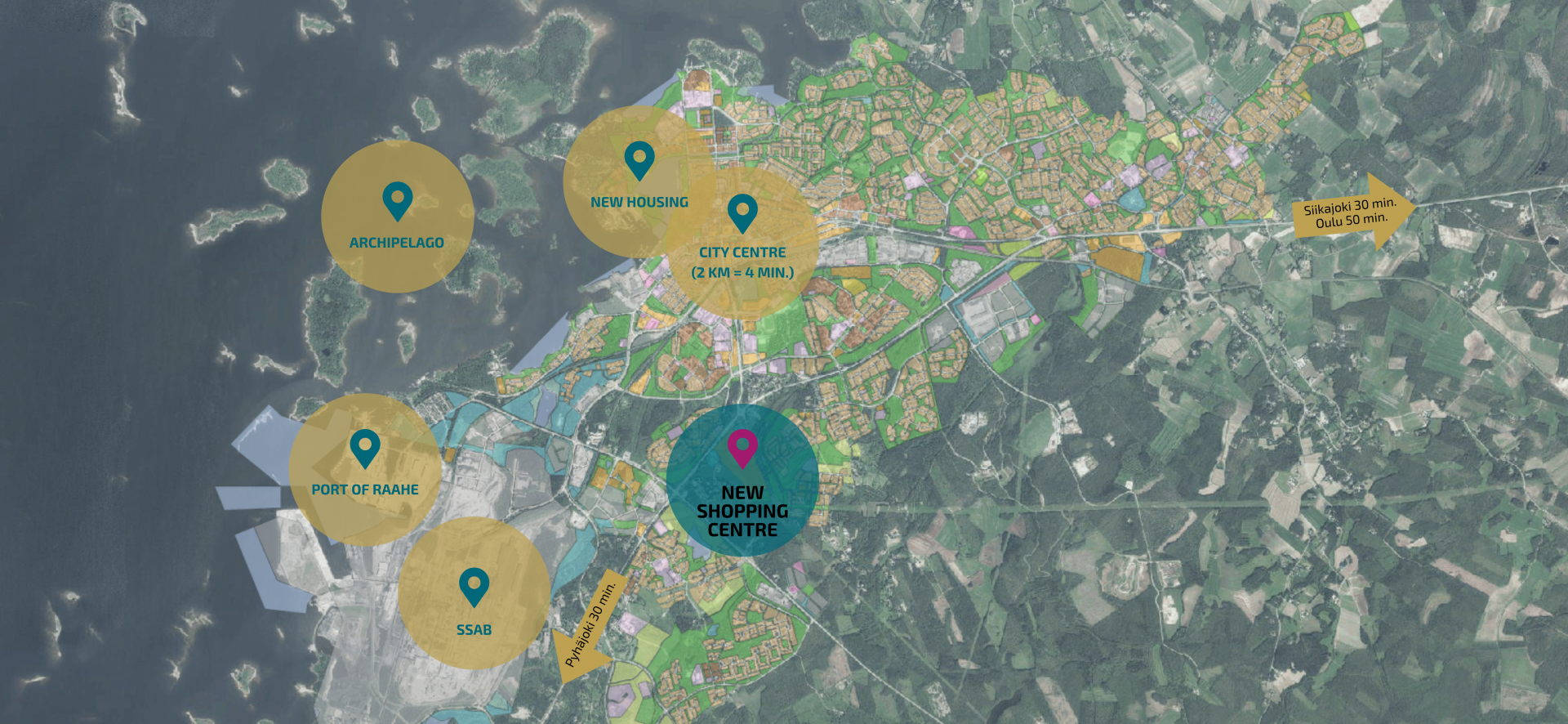 Map of the Raahe urban area, showing potential investment sites.