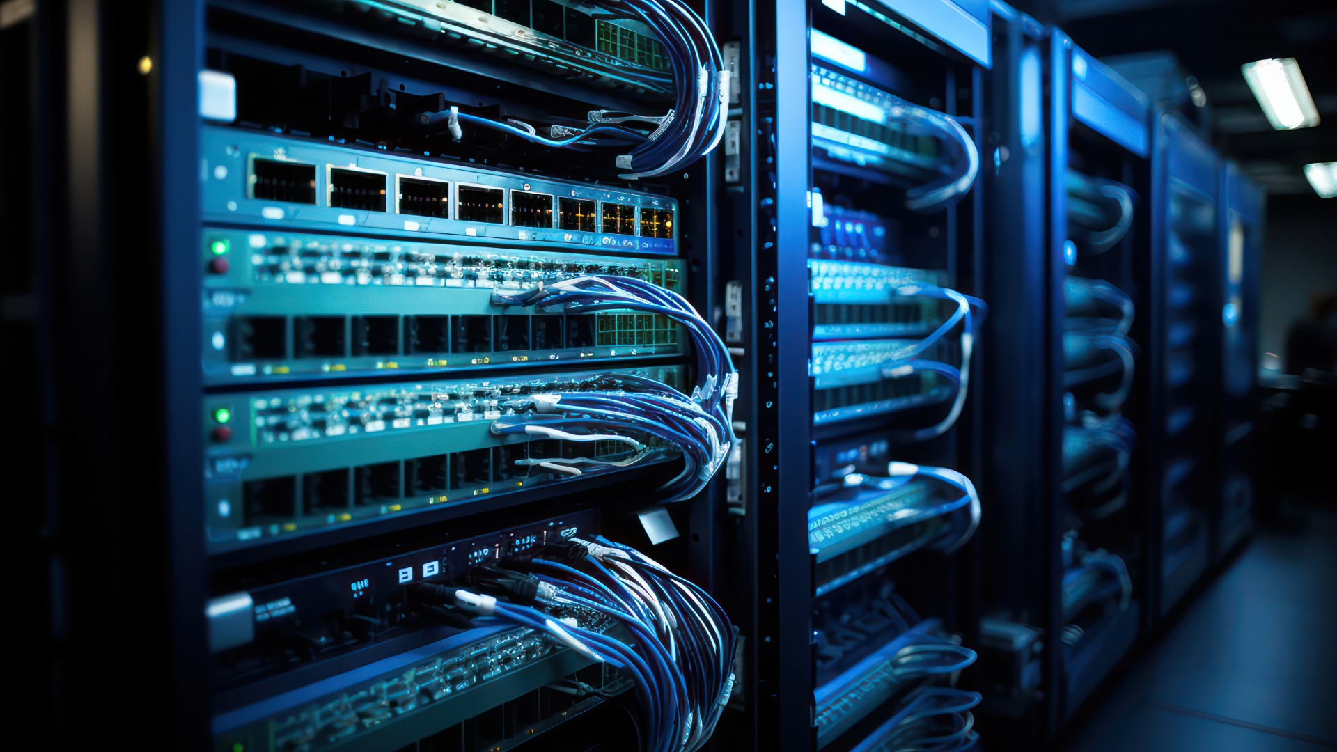 Close up of a computer room.