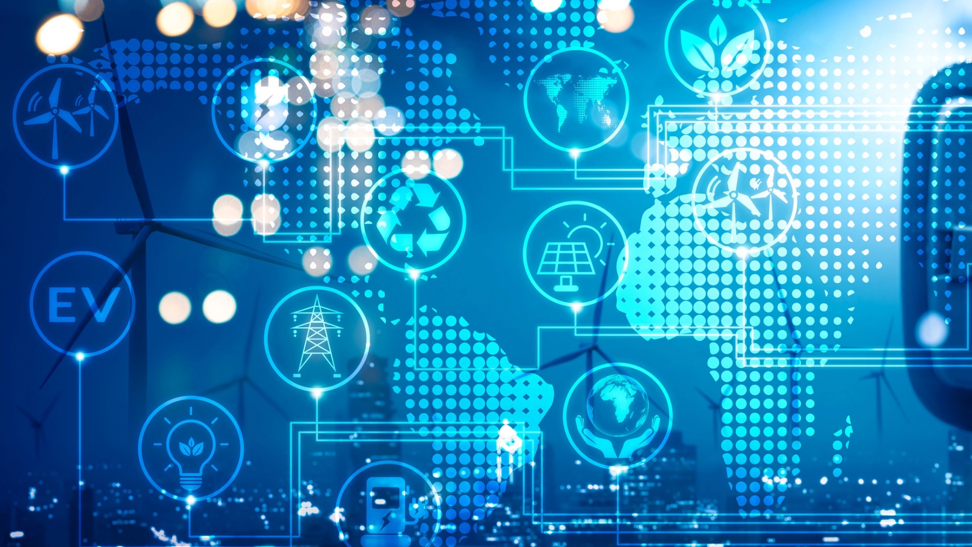 Green energy icons on a blue background.